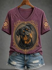 Damen-Retro-T-Shirt mit Hunde-Print und V-Ausschnitt, lässig geschnitten