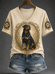 Damen-Retro-T-Shirt mit Hunde-Print und V-Ausschnitt, lässig geschnitten