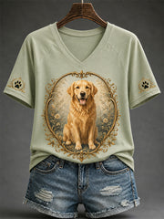 Damen-Retro-T-Shirt mit Hunde-Print und V-Ausschnitt, lässig geschnitten
