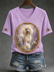 Damen-Retro-T-Shirt mit Hunde-Print und V-Ausschnitt, lässig geschnitten