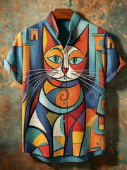 Herrenhemd im Vintage-Stil mit abstraktem geometrischem Tier- und Katzenmuster, Stehkragen und kurzen Ärmeln
