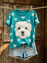 Damen-T-Shirt mit niedlichem Hunde-Muster, lässig, kurzärmlig