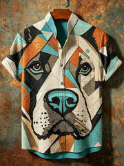 Herrenhemd im Vintage-Stil mit abstraktem geometrischem Tier‑ und Hundemuster, Stehkragen und kurzen Ärmeln