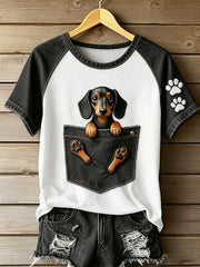Damen-T-Shirt mit Tiermotiv und Hundetasche, bedruckt, im Vintage-Stil, modisch, locker geschnitten, kurze Ärmel