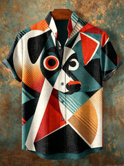Herrenhemd im Vintage-Stil mit abstraktem geometrischem Tier‑ und Hundemuster, Stehkragen und kurzen Ärmeln