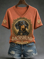 Damen-Retro-T-Shirt mit Hunde-Print und V-Ausschnitt, lässig geschnitten