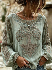 Damen-elegantes Wikinger-Lebensbaum-Keltisches-Knoten-Muster-Glitzerdruck-Hemd aus Baumwolle-Leinen