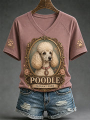 Damen-Retro-T-Shirt mit Hunde-Print und V-Ausschnitt, lässig geschnitten