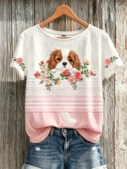 Damen-T-Shirt mit niedlichem Hunde-Muster, lässig, kurzärmlig