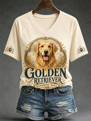 Damen-Retro-T-Shirt mit Hunde-Print und V-Ausschnitt, lässig geschnitten
