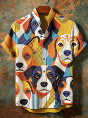 Herren Vintage Abstrakt Geometrische Tiere Hunde Muster Stand Kragen Kurzarm Hemd