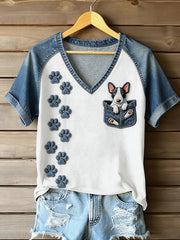 Damen-T-Shirt mit Tiermotiv und Hundetasche, bedruckt, im Vintage-Stil, modisch, locker geschnitten, kurze Ärmel