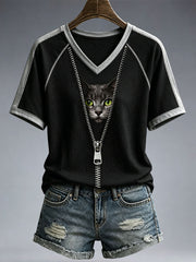 Frauen-T-Shirt mit lustiger Katze und V-Ausschnitt