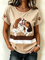 Damen-T-Shirt mit niedlichem Hunde-Muster, lässig, kurzärmlig