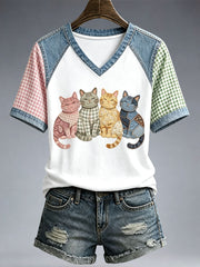 Damen-T-Shirt mit niedlicher Katzen-Patchwork-Optik