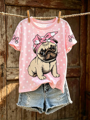 Damen-T-Shirt mit niedlichem Hunde-Muster, lässig, kurzärmlig