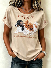 Damen-T-Shirt mit niedlichem Hunde-Muster, lässig, kurzärmlig