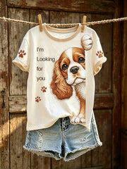 Damen-T-Shirt mit niedlichem Hunde-Muster, lässig, kurzärmlig
