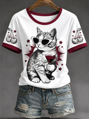 Damen-Lässiges T-Shirt mit Pop-Art-Katzen-Print