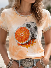 Sommerliches T-Shirt für Damen mit Obst- und Fußballmotiv
