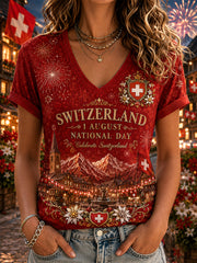 Damen-T-Shirt mit V-Ausschnitt und kurzen Ärmeln, bedruckt zum Nationalfeiertag der Frauen