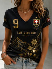 Damen-T-Shirt mit Fußballmotiv, V-Ausschnitt und kurzen Ärmeln