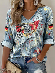 Damen-T-Shirt im Graffiti-Stil mit Denim-Patchwork-Print und V-Ausschnitt, lässig geschnitten