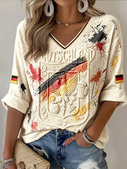 Damen-Retro-Offwhite-Deutschland-Fußball-3D-gedrucktes Freizeit-V-Ausschnitt-T-Shirt