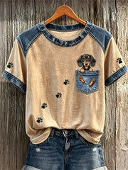 Damen Dackel Hund Gefälschte Tasche & Pfote Drucke Denim Patchwork Print T-Shirts