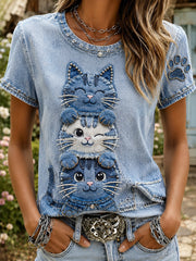 Frauen Spaß Katze Collage Kurzarm T-Shirt