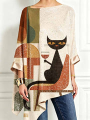 Damen-Top im Mid-Century-Modern-Stil mit Katzenmuster, asymmetrischem Saum und langen Ärmeln