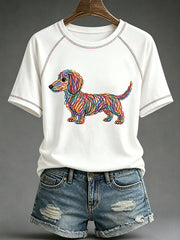 Frauen Hund Kunstdruck Casual T-Shirt