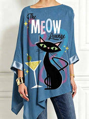 Damen-Top im Mid-Century-Modern-Stil mit Katzenmuster, asymmetrischem Saum und langen Ärmeln