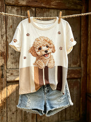 Damen-T-Shirt mit niedlichem Hunde-Muster, lässig, kurzärmlig