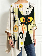 Damen-Top im Mid-Century-Modern-Stil mit Katzenmuster, asymmetrischem Saum und langen Ärmeln