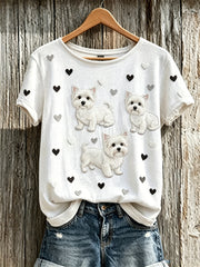 Frauen Fuzzy White Scottish Terrier Hunde & Herzen Muster Print kurz ärmel iges T-Shirt