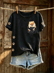 Damen-T-Shirt mit niedlichem Hunde-Muster, lässig, kurzärmlig