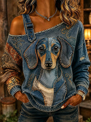 Damen Spaß Retro Dackel Patchwork Print lässig schulter freies Sweatshirt