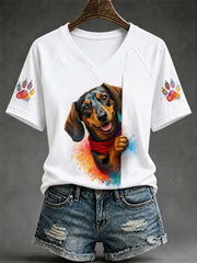 Damen-T-Shirt mit niedlichem Hundeaufdruck – Geschenk für Tierliebhaber, lässig, V-Ausschnitt