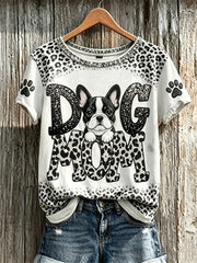 Damen Peeking Bulldog Hund Mama & Pfote Prints Kurzarm T-Shirt mit Leoparden muster