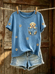 Damen-T-Shirt mit niedlichem Hunde-Muster, lässig, kurzärmlig
