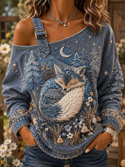 Damen verspieltes Retro Forest Fox Patchwork Print lässig schulter freies Sweatshirt