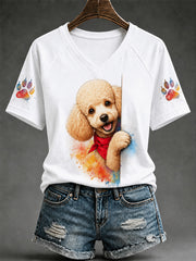 Damen-T-Shirt mit niedlichem Hundeaufdruck – Geschenk für Tierliebhaber, lässig, V-Ausschnitt