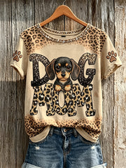 Damen-Peeking-Dackel Hund Mama & Pfote Prints Kurzarm-T-Shirt mit Leoparden muster