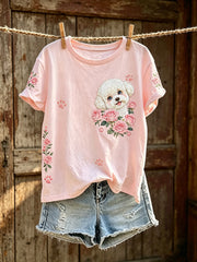 Damen-T-Shirt mit niedlichem Hunde-Muster, lässig, kurzärmlig