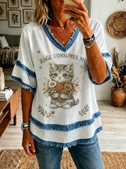 Damen-Katzen-Bedrucktes Baumwoll-Leinen-Hemd