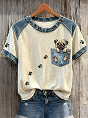 Damen Mops Hund Gefälschte Tasche & Pfote Drucke Denim Patchwork Print T-Shirts