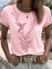 Frauen rosa Blumen-und Kolibri druck Brustkrebs-Sensi bilisierung-T-Shirt