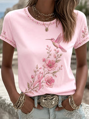 Damen-T-Shirt in Pink mit Blumen- und Kolibri-Print zur Unterstützung der Brustkrebsaufklärung
