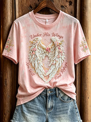 Damen-Oberteil „Unter seinen Flügeln findest du Zuflucht“ mit Blumenflügel- und Kreuz-Print, kurzärmeliges T-Shirt